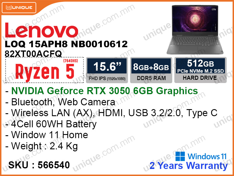 Lenovo LOQ 15APH8 82XT00ACFQ Storm Grey ( AMD Ryzen5-7640HS, 16GB DDR5 5600MHz(2x8GB), PCIe M.2SSD 512GB, Nvidia Geforce RTX3050 6GB DDR6, Window 11, 15.6" FHD 1920x1080 IPS, Weight 2.4 Kg)