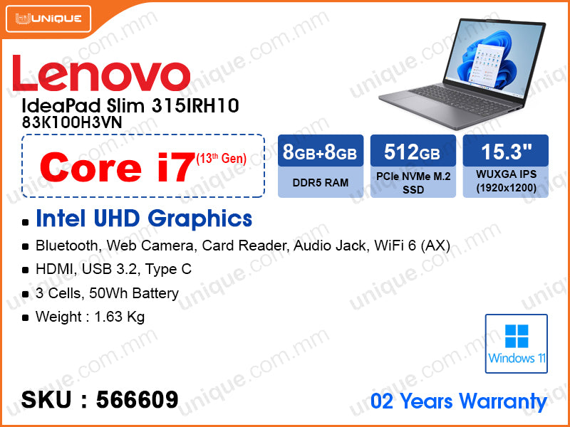 Lenovo IdeaPad Slim 3 15IRH10 83K100H3VN Luna Grey (Intel Core i7-13620H, 16GB DDR5 4800MHz (8GBx2), PCIe Gen 4 M.2 SSD 512GB, Window 11, 15.3" WUXGA (1920x1200) IPS, Weight 1.63 Kg)