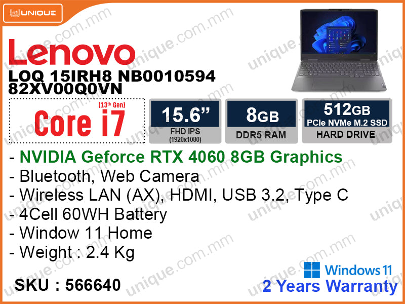 Lenovo LOQ 15IRH8 82XV00Q0VN Storm Grey (Intel Core i7-13620H, 8GB DDR5 5600MHz(1 Slop Free), PCIe M.2SSD 512GB, Nvidia Geforce RTX4050 8GB DDR6, Window 11, 15.6" FHD 1920x1080 IPS, Weight 2.4 Kg)