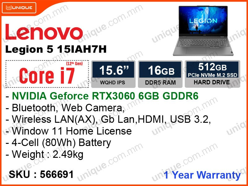 Lenovo Legion 5 15IAH7H 82RB00G6FQ Stome Grey Intel Core i7-12700H, 16GB DDR4 3200MHz, PCIe M.2 SSD 512GB, Nvidia Geforce RTX3060 6GB DDR6, Window 11, 15.6" FHD 2560x1440, Weight 2.49 Kg)