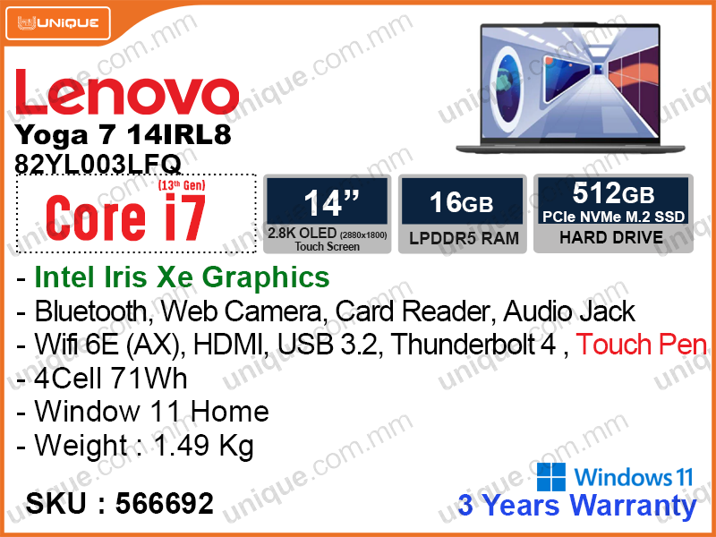 Lenovo Yoga 7 14IRL8 82YL003LFQ Storm Grey (Intel Core i7-1360P, 16GB DDR5 5200MHz (not upgradeable), PCIe M.2 SSD 512GB (upto 1TB), Window 11 , 14" 2.8K (2880x1800) OLED, Weight 1.49 Kg)