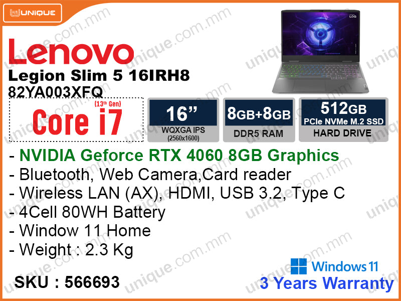 Lenovo Legion Slim 5 16IRH8 82YA003XFQ Storm Grey ( Intel Core i7-13700H, 16GB DDR5 5200MHz (16GB x 1) , PCIe M.2SSD 512GB, Nvidia Geforce RTX4060 8GB DDR6, Window 11, 16" WQHGA IPS 2560x1600, Weight 2.3 Kg)
