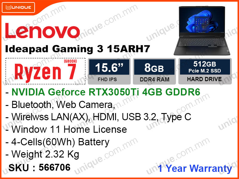 Lenovo IdeaPad Gaming 3 15ARH7 82SB00CGFQ Onyx Grey ( AMD Ryzen 7 6800H , 8GB DDR4 3200MHz , PCIe M2 SSD 512GB , Nvidia Geforce RTX 3050Ti 4GB DDR6 , Window 11 , 15.6"FHD IPS 1920x1080 weight 2.32kg )