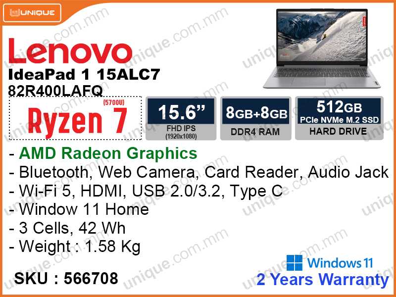 IdeaPad 1 15ALC7 82R400LAFQ Cloud Grey (AMD Ryzen 7-5700U, 16GB DDR4 3200MHz (8GB+8GB), PCIe M.2 SSD 512GB, Window 11, 15.6'' FHD (1920x1080) IPS, Weight 1.61 Kg)