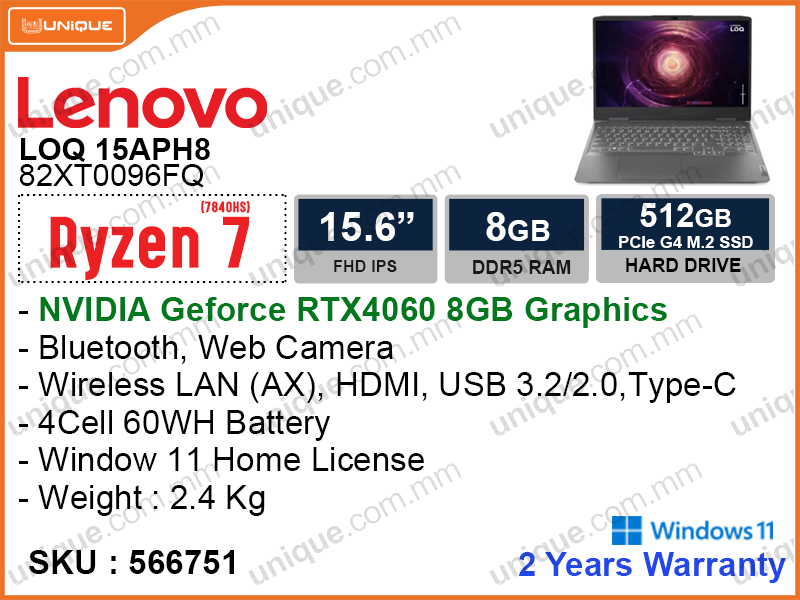 Lenovo LOQ 15APH8 82XT0096FQ Storm Grey (AMD Ryzen7-7840HS, 8GB DDR5 5600MHz (1 slot free), PCIe M.2SSD 512GB, Nvidia Geforce RTX4060 8GB DDR6, Window 11, 15.6" FHD 1920x1080, Weight 2.4 Kg)