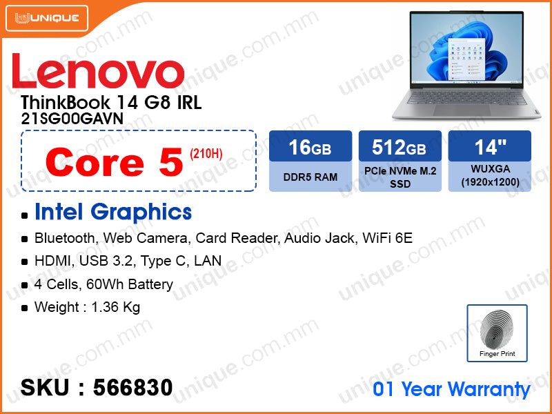 Lenovo ThinkBook 14 G8 IRL 21SG00GAVN Arctic Grey (Intel Core 5-210H, 16GB DDR5 5600MHz (1 slot free), PCIe M.2 SSD 512GB (1 slot free), 14" WUXGA (1920x1200) IPS, Weight 1.36 Kg)