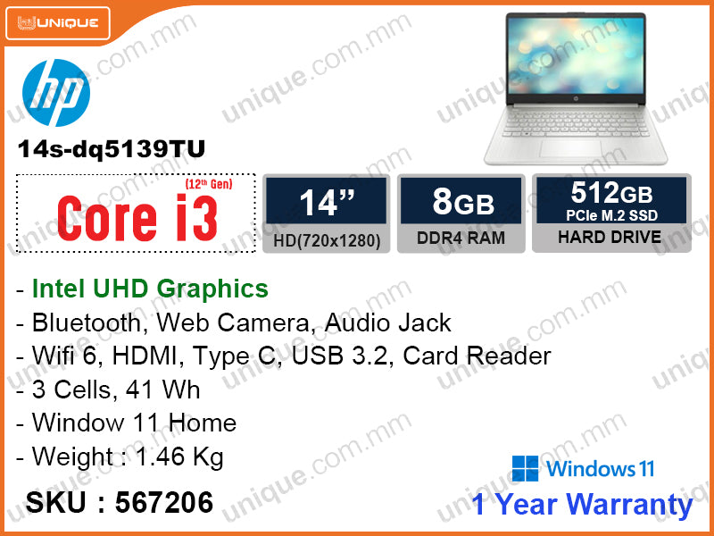 hp 14s-dq5139TU Natural Silver (Intel Core i3-1215U , 8GB DDR4 3200MHz (4GB x 2) , PCIe M.2 SSD 512GB , Window 11 , 14" HD (720x1280), Weight 1.46 Kg)