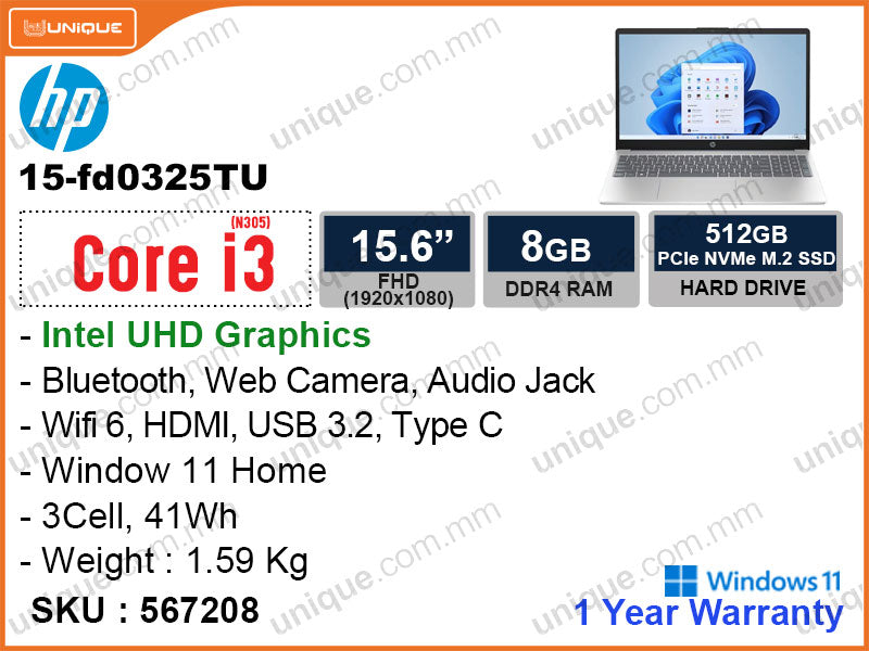 hp 15-fd0325TU Moonlight Blue (Intel Core i3-N305, 8GB DDR4 3200MHz (upto 16GB, no slot free), PCIe M.2 SSD 512GB, Window 11, 15.6" FHD (1920x1080), Weight 1.59 Kg)