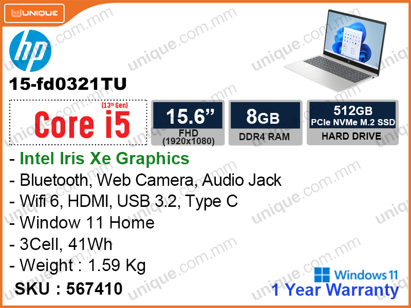 hp 15-fd0321TU Warm Gold (Intel core i5-1334U, 8GBDDR4 3200MHz (1 slot free), PCIe M.2 SSD 512GB, Window 11, 15.6" FHD (1920x1080), Weight 1.59 Kg)