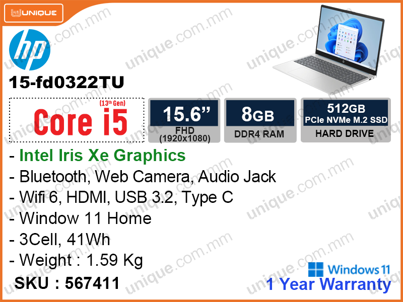 hp 15-fd0322TU Moonlight Blue (Intel core i5-1334U, 8GB DDR4 3200MHz (1 slot free), PCIe M.2 SSD 512GB, Window 11, 15.6" FHD (1920x1080), Weight 1.59 Kg)