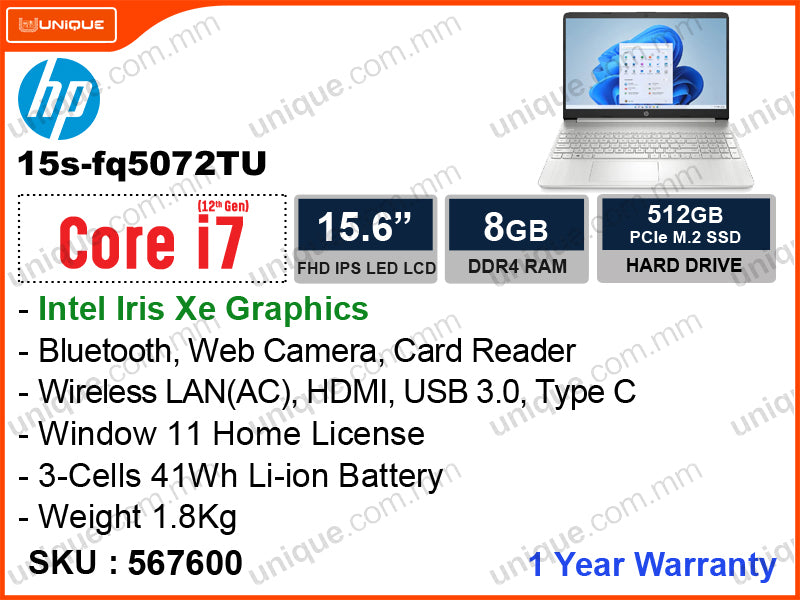hp 15s-fq5072TU Natural Silver (Intel Core i7-1255U, 8GB DDR4, PCIe M.2 SSD 512GB, Window 11, 15.6'' FHD IPS, 1.8 Kg)