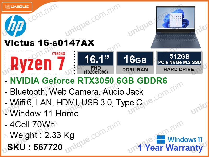 hp Victus 16-s0147AX Performance Blue (AMD Ryzen7-7840HS, 16GB DDR5 5600MHz (8GBx2), PCIe M.2 SSD 512GB, NVIDIA Geforce RTX3050 6GB DDR6, Window 11, 16.1" FHD (1920x1080), Weight 2.33 Kg)