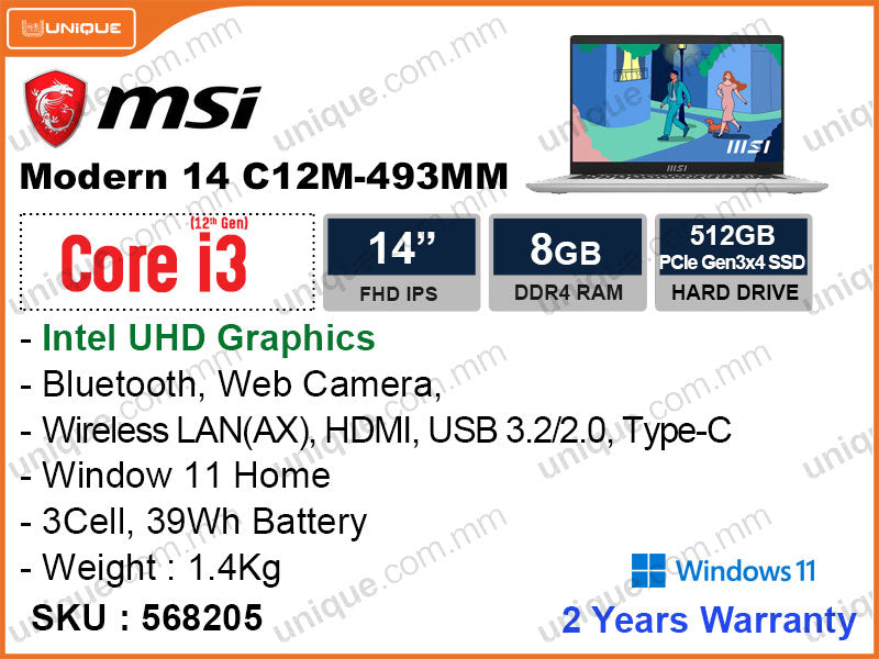 msi Modern 14 C12M ( Intel Core i3 1215U , 8GB DDR4 3200MHz , PCIe M.2 SSD 512GB , Window 11 , 14" FHD 1920 x 1080)