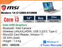 msi Modern 14 C12MO-810MM Urban Silver (Intel Core i3-1215G4, 8GB DDR4 3200MHz, PCIe M.2 SSD 512GB, Window 11, 14" FHD IPS (1920x1080), Weight 1.4 Kg)