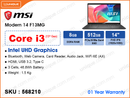 msi Modern 14 F13MG (Intel Core i3-1315U, 8GB DDR4 3200MHz (no slot free), PCIe M.2 SSD 512GB (no slot free, up to 2TB), 14'' FHD (1920x1080) IPS Level Panel, Weight 1.5 Kg)