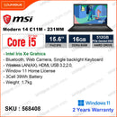msi Modern 15 B11M (Intel core i5-1155G7, 16GB DDR4 3200MHz, PCIe M.2 Gen 4 SSD 512GB, Window 11,  15.6" FHD IPS 1920x1080, 1.7 Kg)