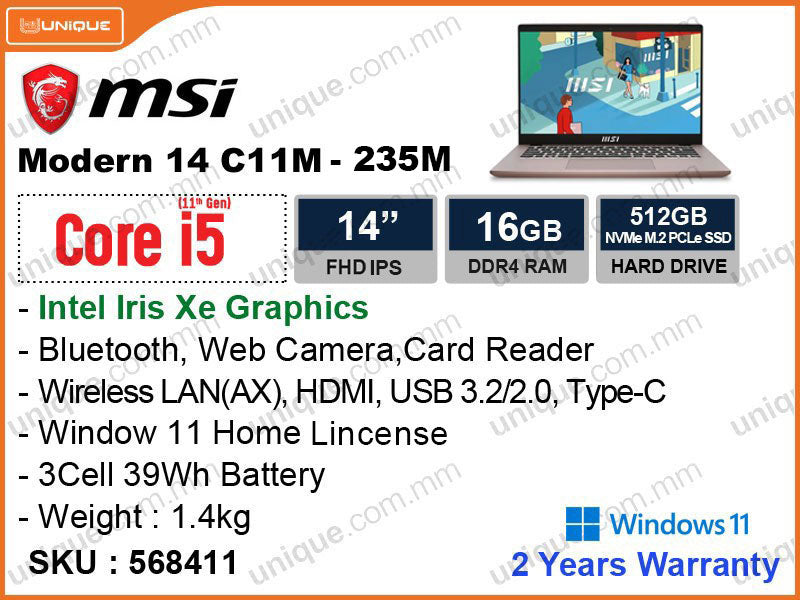 msi Modern 14 C11M-235MM Beige Rose (Intel Core i5 1155G7, 16GB DDR4 3200MHz, PCIe M.2 SSD 512GB, Window 11, 14" FHD IPS 1920x1080)