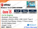 msi Modern 14 C12MO-809MM Urban Silver ( Intel Core i5 1235U, 16GB DDR4 3200MHz (On board), PCIe M.2 SSD 512GB, Window 11, 14" FHD IPS 1920x1080, Weight 1.4kg)