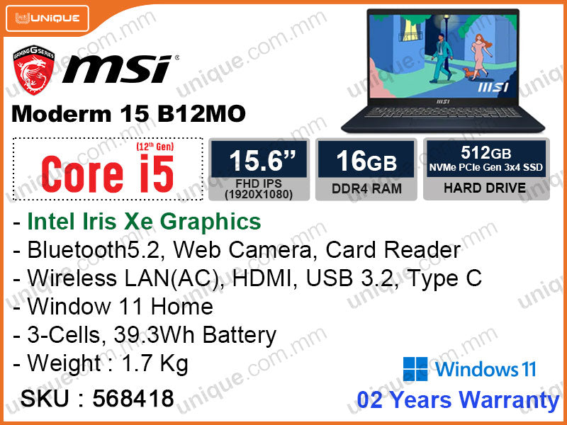 msi Modern 15 B12MO-634MM Classic Black (Intel Core i5 1235U, 16GB DDR4 3200MHz, PCIe M.2 SSD 512GB, Window 11, 15.6" FHD 1920x1080, Weight 1.7 Kg)