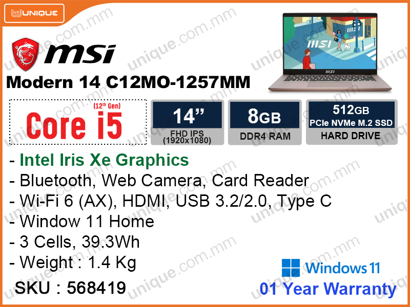 msi Modern 14 C12MO-1257MM Beige Rose (Intel Core i5-1235U, 8GB DDR4 3200MHz (onboard, no slot) , PCIe M.2 SSD 512GB (can upgrade existing one upto 1TB, no slot), Window 11, 14'' FHD (1920x1080) IPS, Weight 1.4 Kg)