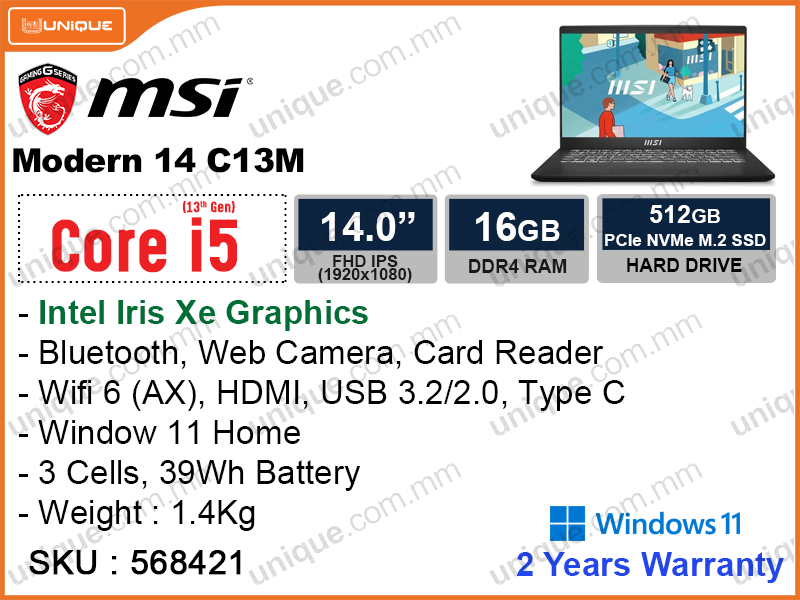 msi Modern 14 C13M ( Intel Core i5-1335U, 16GB DDR4 3200MHz (No Slot), PCIe M.2 SSD 512GB (Upto 1TB), Window 11, 14'' FHD IPS, Weight 1.4 Kg)