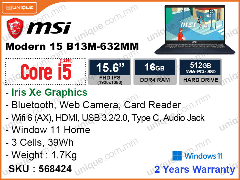 msi Modern 15 B13M (Intel Core i5-1335U, 16GB DDR4 3200MHz (not upgradeable) , PCIe NVMe M.2 SSD 512GB (upto 1TB), Window 11, 15.6" FHD (1920x1080) IPS, Weight 1.7 Kg)