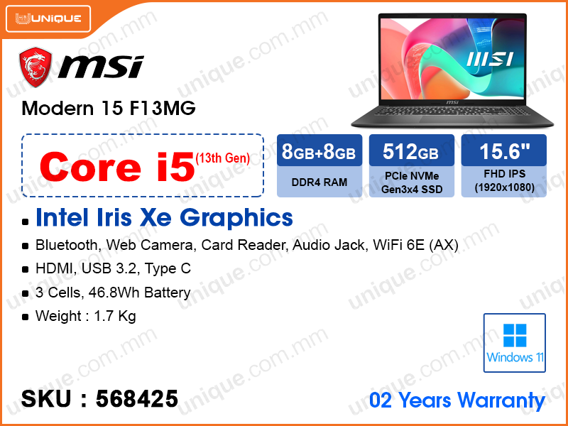 msi Modern 15 F13MG (Intel Core i5-1334U, 16GB DDR4 3200MHz (8GBx2, up to 64GB), PCIe M.2 SSD 512GB, Window 11, 15.6" FHD (1920x1080) IPS, Weight 1.7 Kg)