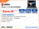 msi Modern 14 H13M-049XMMNN Platinum Gray (Intel Core i5-1334U, 16GB LPDDR5, 512GB NVMe PCIe SSD, 14" WUXGA (1920x1200), Weight 1.6 Kg)
