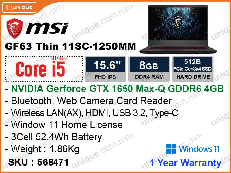 msi GF63 Thin 11SC-1250MM Black (Intel Core i5-11400H, 8GB DDR4 3200MHz, PCIe M.2 SSD 512GB, Nvidia Geforce GTX1650 4GB DDR6, Win11, 15.6"FHD, 1.86 Kg)