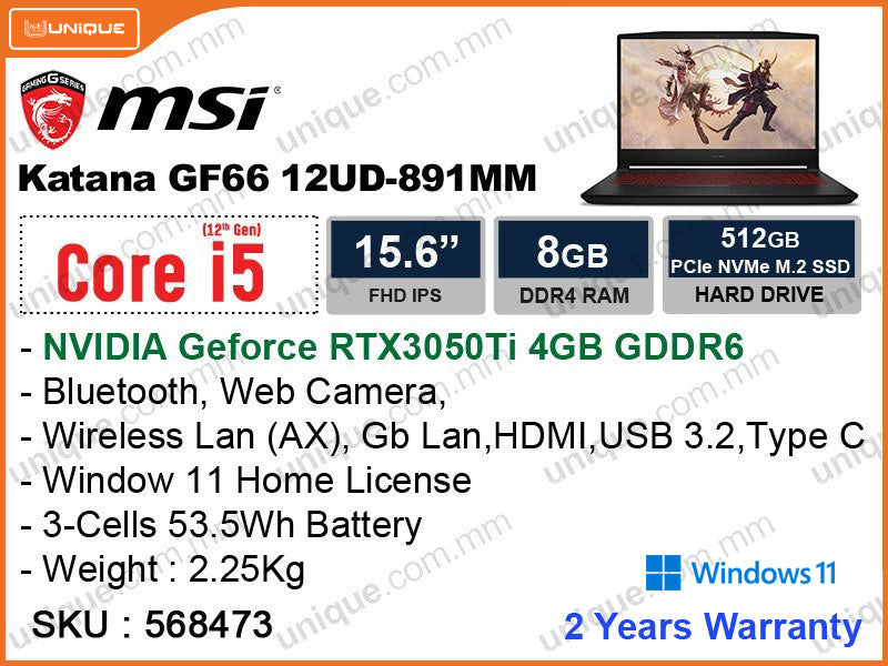 msi Katana GF66 12UD-891MM Black (Intel Core i5-12450H, 8GB DDR4 3200MHz, PCIe M.2 SSD 512GB, Nvidia Geforce RTX3050Ti 4GB DDR6, Window 11, 15.6" FHD 1920x1080, 2.25 Kg)