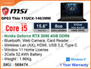 msi GF63 Thin 11UCX-1463MM Black (Intel Core i5-11260H, 8GB DDR4 3200MHz, PCIe M.2 Gen 4 SSD 512GB, Nvidia Geforce RTX2050 4GB DDR6, Win 11, 15.6" FHD IPS, 1.86 Kg)