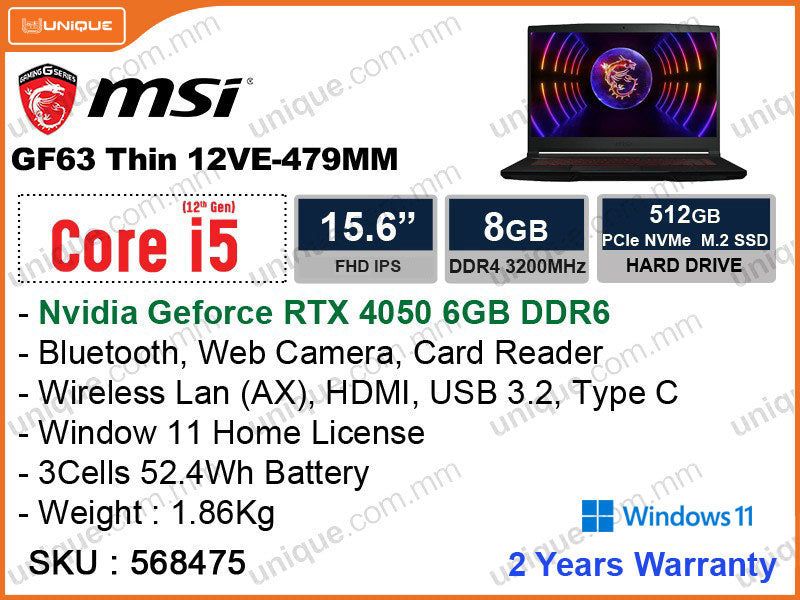 msi GF63 Thin 12VE-479MM Black (Intel Core i5-12450H, 8GB DDR4 3200MHz, PCIe M.2 SSD 512GB, Nvidia Geforce RTX 4050 6GB DDR6, Win11, 15.6" FHD, 1.86 Kg)