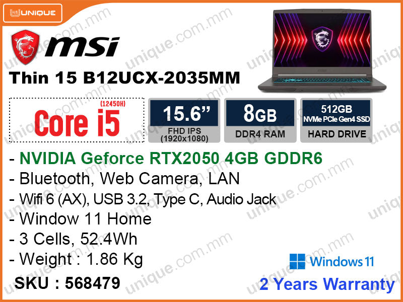 msi Thin 15 B12UCX-2035MM Cosmos Gray ( Intel Core i5-12450H, 8GB DDR4 3200MHz (1 Slot Free), PCIe M.2 SSD 512GB(2.5 Sata Slot Free), Nivida Geforce RTX2050 4GB, Window 11, 15.6" FHD IPS, Weight 1.86 Kg)