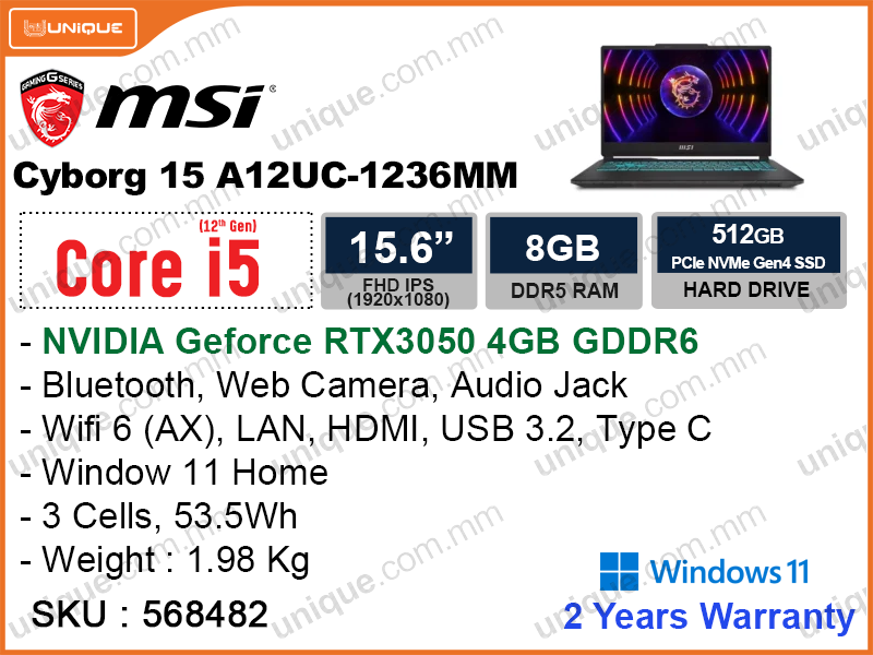 msi Cyborg 15 A12UC-1236MM Translucent Black (Intel Core i5-12450H, 8GB DDR5 4800Mz ( 1 slot free, upto 64GB), PCIe M.2 SSD 512GB, NVIDIA Geforce RTX3050 4GB, Window 11, 15.6" FHD IPS (1920x1080), Weight 1.98 Kg)