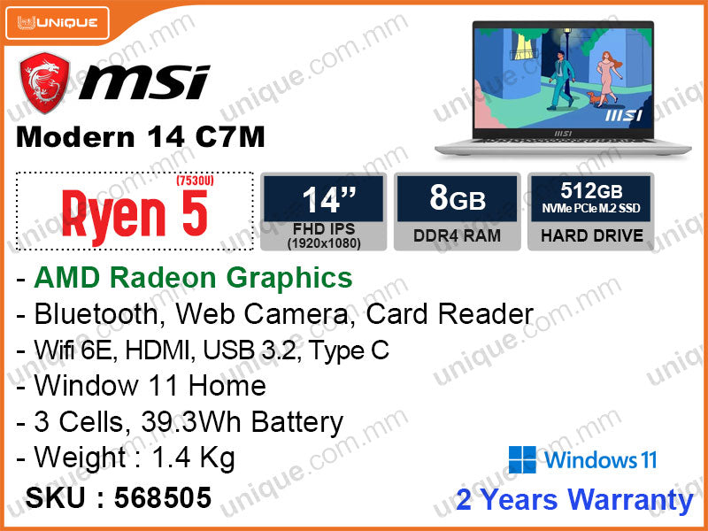 msi Modern 14 C7M-256MM Urban Silver (AMD Ryzen 5-7530U, 8GB DDR4 3200MHz (not upgradeable), PCIe M.2 SSD 512GB (upto 1TB), Window 11, 14" FHD (1920x1080) IPS, Weight 1.4 Kg)