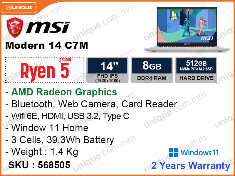 msi Modern 14 C7M (AMD Ryzen 5-7530U, 8GB DDR4 3200MHz (not upgradeable), PCIe M.2 SSD 512GB (upto 1TB), Window 11, 14" FHD (1920x1080) IPS, Weight 1.4 Kg)