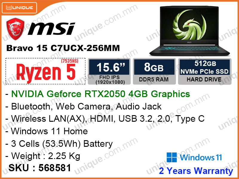 msi Bravo 15 C7UCX 256MM Black (AMD Ryzen5 7535HS, 8GB DDR5 4800MHz (1 slot free), PCIe M.2 SSD 512GB (1 slot free), Nvidia Geforce RTX 2050 4GB DDR6, Window 11, 15.6" FHD 1920x1080, Weight 2.25 Kg)