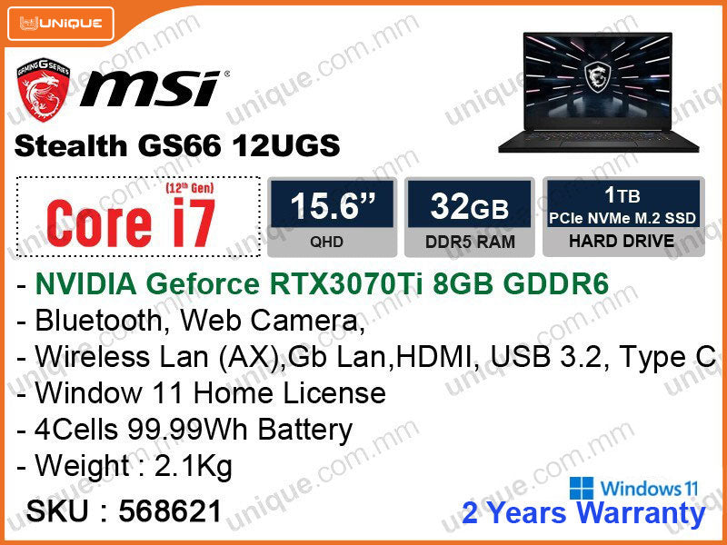 msi Stealth GS66 12UGS Black (Intel Core i7-12700HX, 32GB DDR5 4800MHz(16GBx2), 1TB NVMe PCIe Gen4x4SSD, Nvidia Geforce RTX3070Ti 8GB DDR6, Window 11, 15.6"QHD 240Hz 2560x1440, 2.1 Kg)