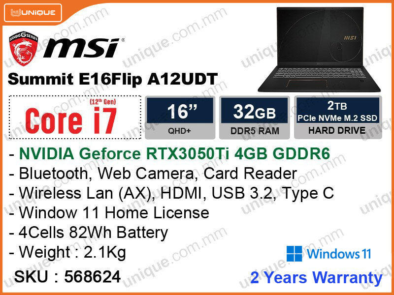 msi Summit E16 Flip A12UDT (Intel Core i7-1260P, 32GB DDR5, 2TB NVMe PCIe Gen4x4SSD, Nvidia Geforce RTX 3050Ti 4GB DDR6, Window 11, 16"QHD 165Hz, 2.1 Kg)