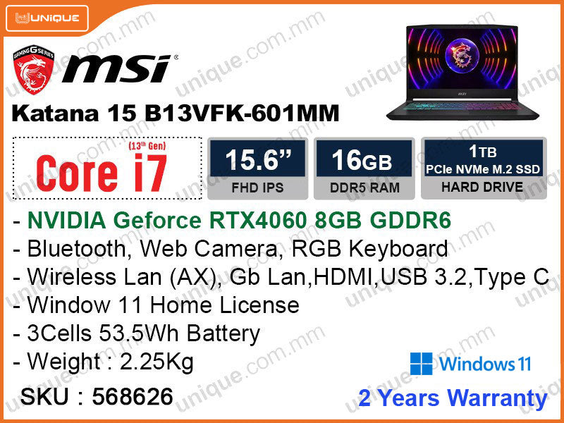 msi Katana 15 B13VFK-601MM Black ( Intel Core i7 13620, 16GB DDR5, PCIe M.2 SSD 1TB, Nvidia Geforce RTX 4060 8GB DDR6, Window 11, 15.6" FHD 1920x1080, 2.25 Kg)