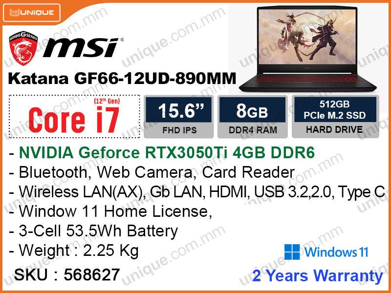 msi Katana GF66 12UD-890MM Black (Intel Core i7-12650H, 8GB DDR4 3200MHz, PCIe M.2 SSD 512GB, Nvidia Geforce RTX3050Ti 4GB DDR6, Window 11, 15.6" FHD 1920x1080, 2.25 Kg)