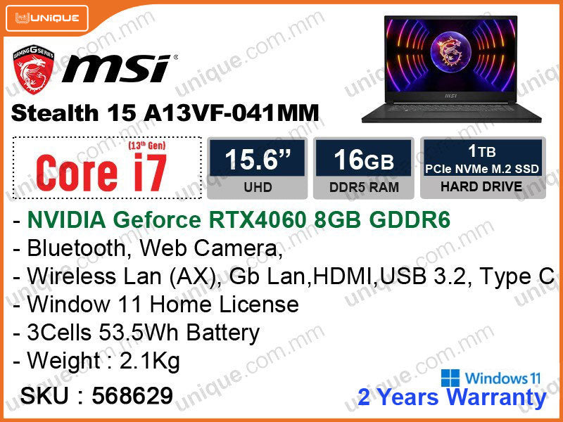 msi Stealth 15 A13VF-041MM Black (Intel Core i7-13620H, 16GB DDR5, PCIe NVMe M.2 SSD 1TB, Nvidia Geforce RTX 4060 8GB DDR6, Window 11, 15.6" UHD IPS 3840x2160, 2.1 Kg)