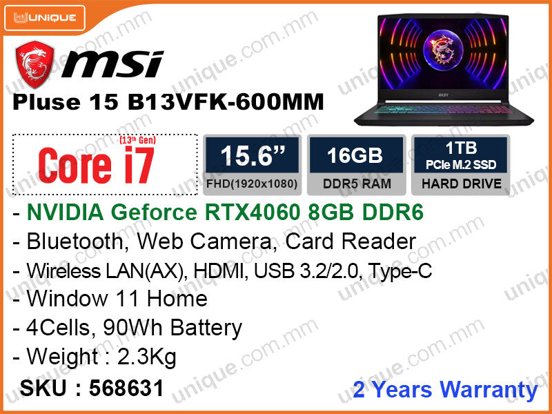 msi Pulse 15 B13VFK-600MM Gray (Intel Core i7-13700H, 16GB DDR5 (8GBx2), PCIe M.2 SSD 1TB, Nvidia Geforce RTX4060 DDr6 8GB, Window 11, 15.6" FHD 1920x1080, 1.7 Kg)