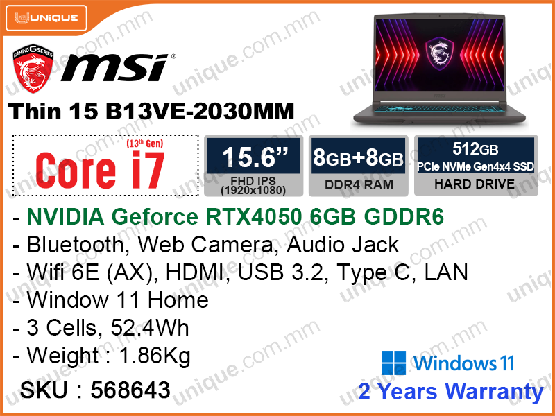 msi Thin 15 B13VE-2030MM Cosmos Gray (Intel Core i7-13620H, 16GB DDR4 3200MHz (8GBx2), PCIe M.2 SSD 512GB (Sata Slot Free), Nvidia Geforce RTX4050 6GB GDDR6, Window 11, 15.6" FHD 1920x1080 IPS, Weight 1.86 Kg)