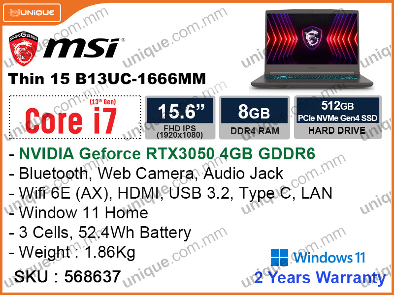 msi Thin 15 B13UC-1666MM Cosmos Gray (Intel Core i7-13620H, 8GB DDR4 3200MHz (1 slot free), PCIe M.2 SSD 512GB, NVIDIA Geforce RTX3050 4GB GDDR6, Window 11, 15.6" FHD (1920x1080) IPS, Weight 1.86 Kg)