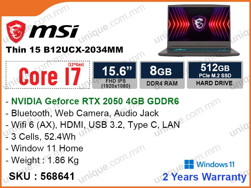 msi Thin 15 B12UCX-2034MM Cosmos Gray (Intel Core i7-12650H, 8GB DDR4 3200MHz (1 slot free, upto 64GB), PCIe M.2 SSD 512GB (2.5 sata slot free), Nvidia Geforce RTX2050 4GB, Window 11, 15.6" FHD IPS (1920x1080), Weight 1.86 Kg)