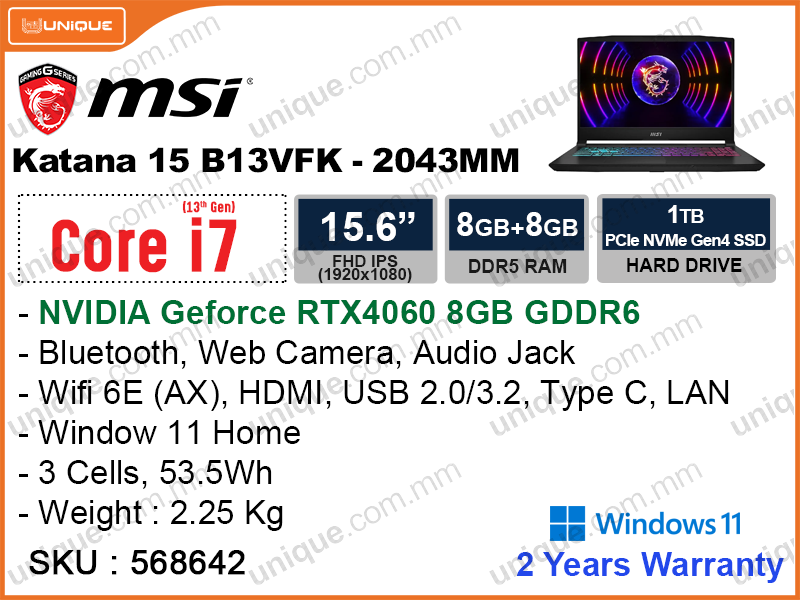 msi Katana 15 B13VFK-2043MM Black (Intel Core i7-13620H, 16GB DDR5 5200MHz (upto 64GB), PCIe M.2 Gen 4 SSD 1TB (M.2 Gen 4 slot free), Nvidia Geforce RTX4060 8GB GDDR6, Window 11, 15.6" FHD IPS (1920x1080), Weight 2.25 Kg)