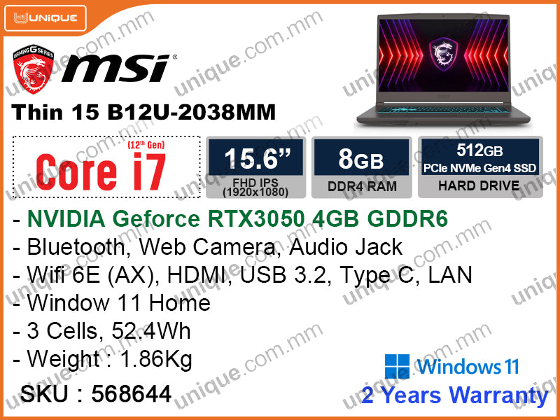 msi Thin 15 B12U-2038MM Cosmos Gray (Intel Core i7-12650H, 8GB DDR4 3200MHz (1 slot free), PCIe M.2 SSD 512GB, NVIDIA Geforce RTX3050 4GB DDR6, Window 11, 15.6" FHD (1920x1080) IPS, Weight 1.86 Kg)