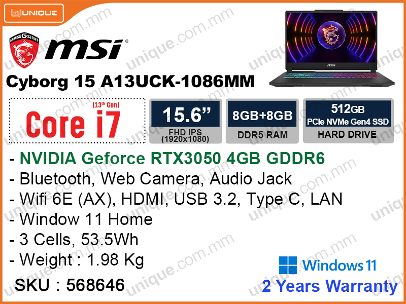 msi Cyborg 15 A13UCK-1086MM Translucent Black (Intel Core i7-13620H, 16GB DDR5 5200MHz (8GBx2, upto 64GB), PCIe M.2 Gen 4 SSD 512GB, Nvidia Geforce RTX3050 4GB GDDR6 , Window 11, 15.6" FHD (1920x1080) IPS, Weight 1.98 Kg)