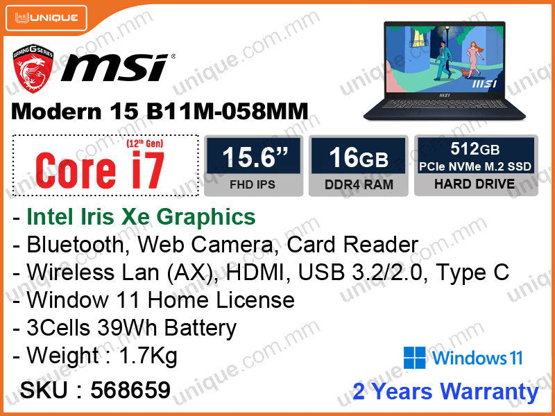 msi Modern 15 B11M-058MM Star Blue (Intel Core i7-1195G7, 16GB DDR4 3200MHz, PCIe NVMe M.2 SSD 512GB, Window 11, 15.6" FHD IPS 1920x1080, Weight 1.7kg )
